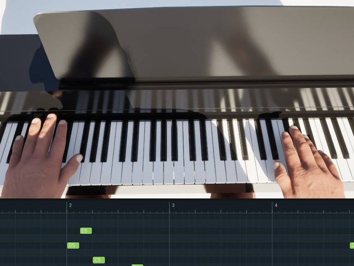 The 3D pianist's hands playing the song, with its notes on the piano roll below