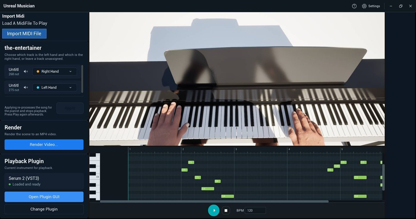 Unreal Musician on Windows: a 3D pianist plays a MIDI file, with the piano roll below and the import, render and instrument panels on the left