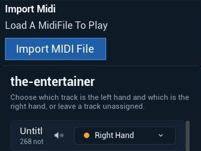 Import MIDI File button and a song's tracks, each assigned to the pianist's right or left hand