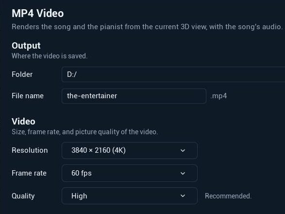 Render Video dialog: MP4 file name, resolution, frame rate and quality